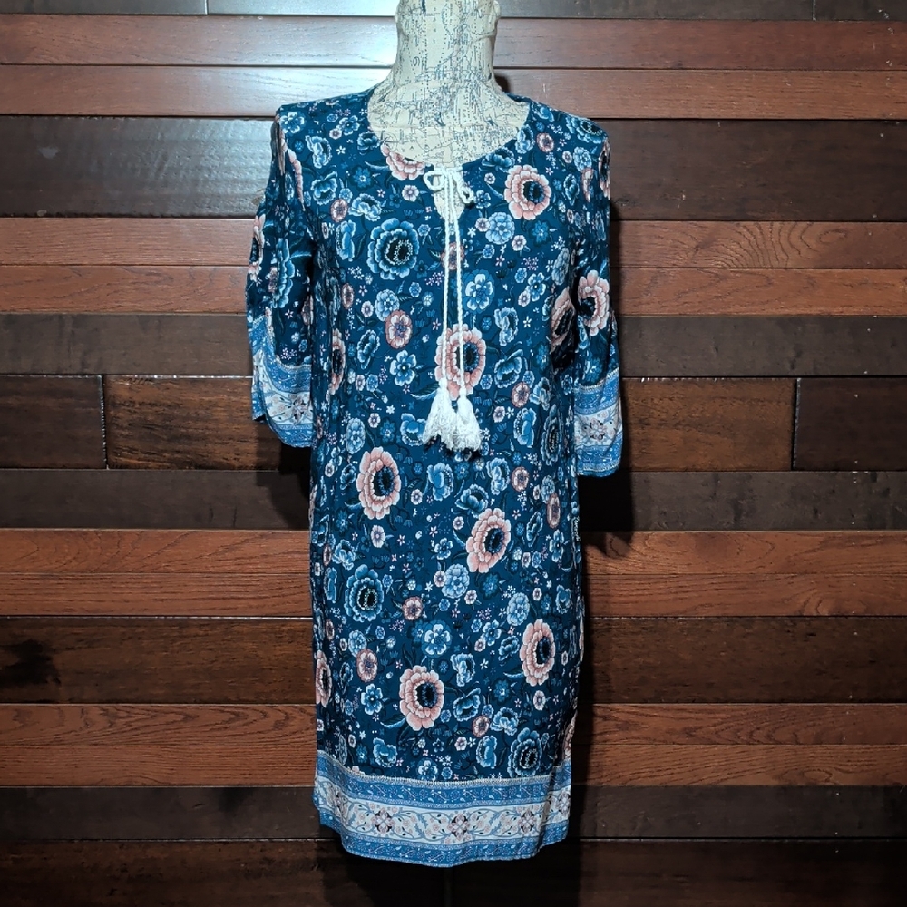 Halife Blue Floral Patterned Midi Dress